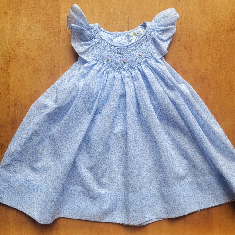 PETIT POMME BLUE DRESS WITH SMOCKING AND LONG BLOOMERS SIZE 18 MONTHS NWT
